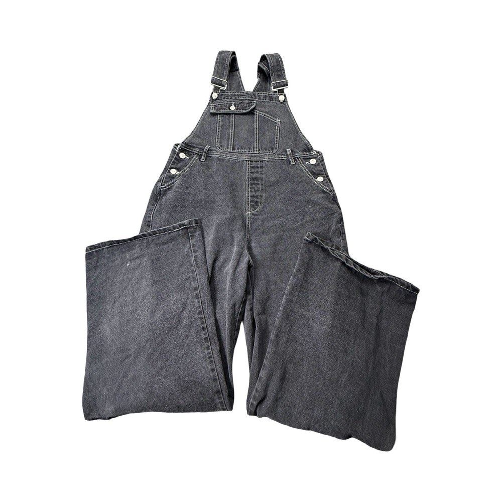 Forever 21 Overalls Women M 32x30 Black Cargo Wide Leg Denim Grunge Streetwear